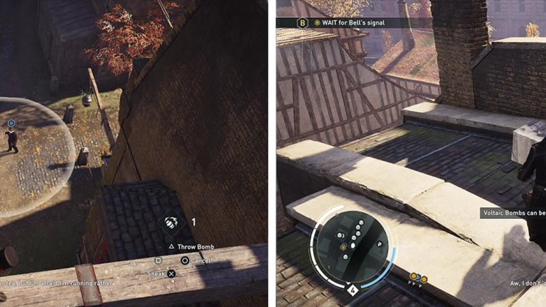 Hit the Thugs with voltaic bombs when prompted (left) and be sure to loot some rooftop chests for additional ammo (right).