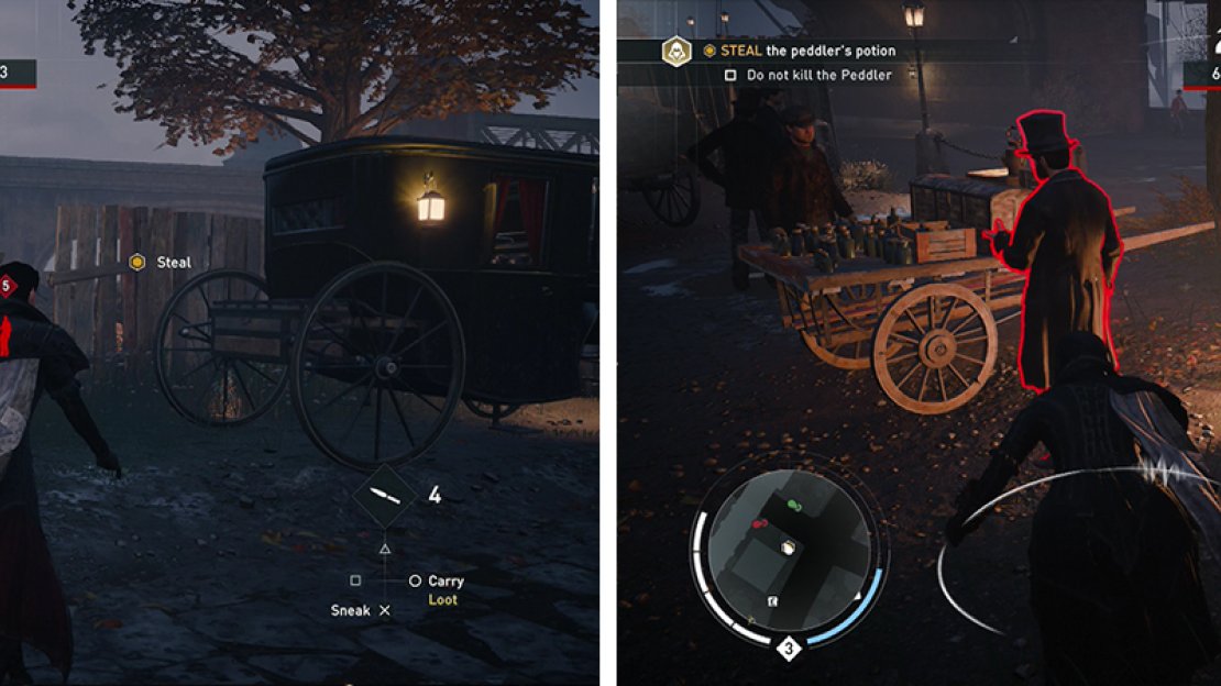 Sneakthrough the hole in the fence by the marketplace (left) and pickpocket the peddler (right).