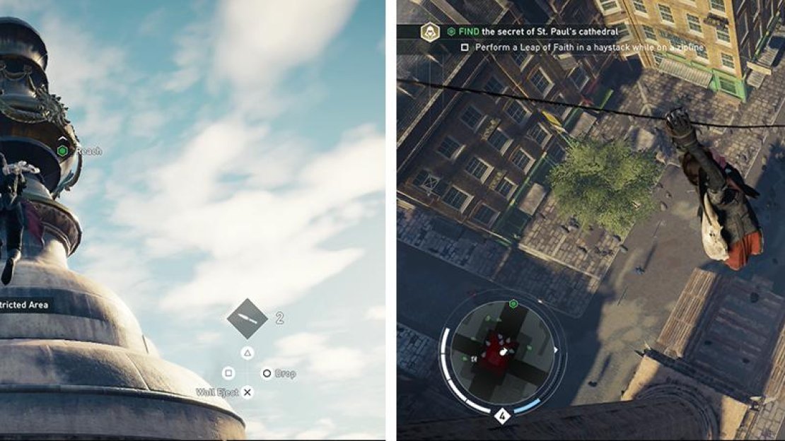 After climbing to the top of the monument (left), use a zipline to perform a leap of faith into a haystack below (right) for the optional objective.