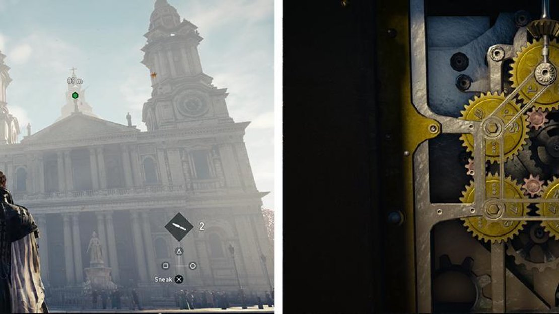 Climb to the top of St. Paul’s (left) to locate a puzzle. Rotate the gears until you reach the solution pictured (right).