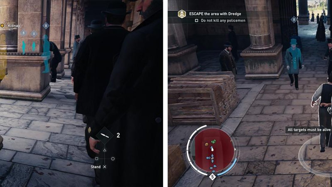 Wait around the right hand side of the area for the target to get close (left).Once kidnapped, escort the target slowly from the area (right).