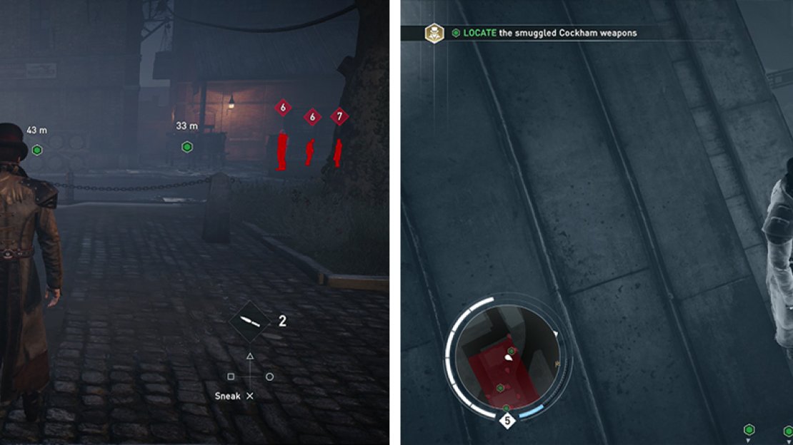 There are three carts to inspect in the restricted area (left). The target cart is in the north west corner of the area (right).