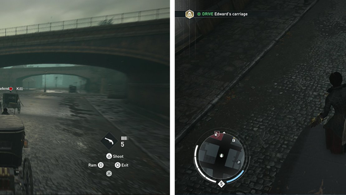Defend the target carriage (left) before hopping over to drive (right) when the coast is clear.