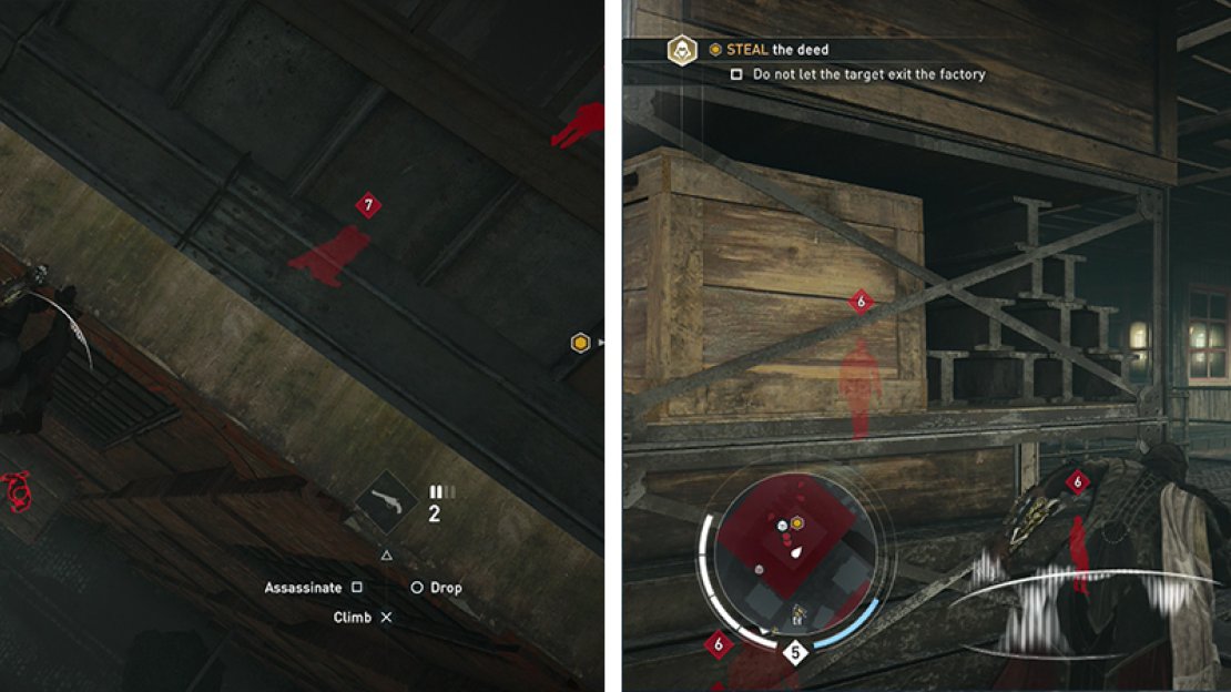 Find the Sniper on the south side of the factory (left) and use the entrance behind her. Sneak through the guards here to find the target in an office (right).