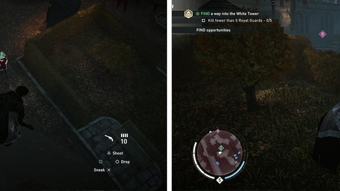 The master key can be found in the western courtyard (left). Follow the target until he is isolated (right) and pickpocket/kill and loot the key from him.