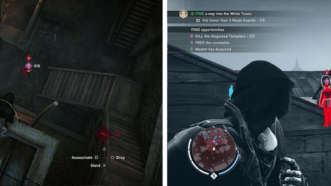 Track down and kill the hidden Templars in the northeast corner of the map (left) and on top of the central structure (right).