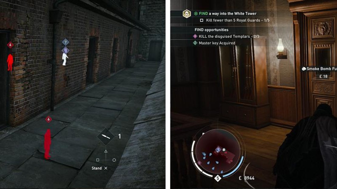 Enter the building on the southeast corner of the map (left). Sneak through the Templars inside to reach the door with the Constable (right).