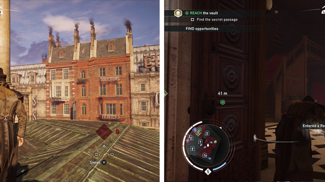 Find the smaller dome on the south side of the roof (left) for an entry point. Inside, enter the library and climb the stairs (right) to find the secret passage.