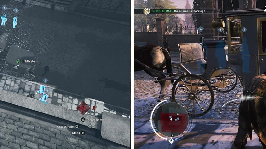 Wait for the policemen to patrol away (left) and drop down to interact with the carriage (right).