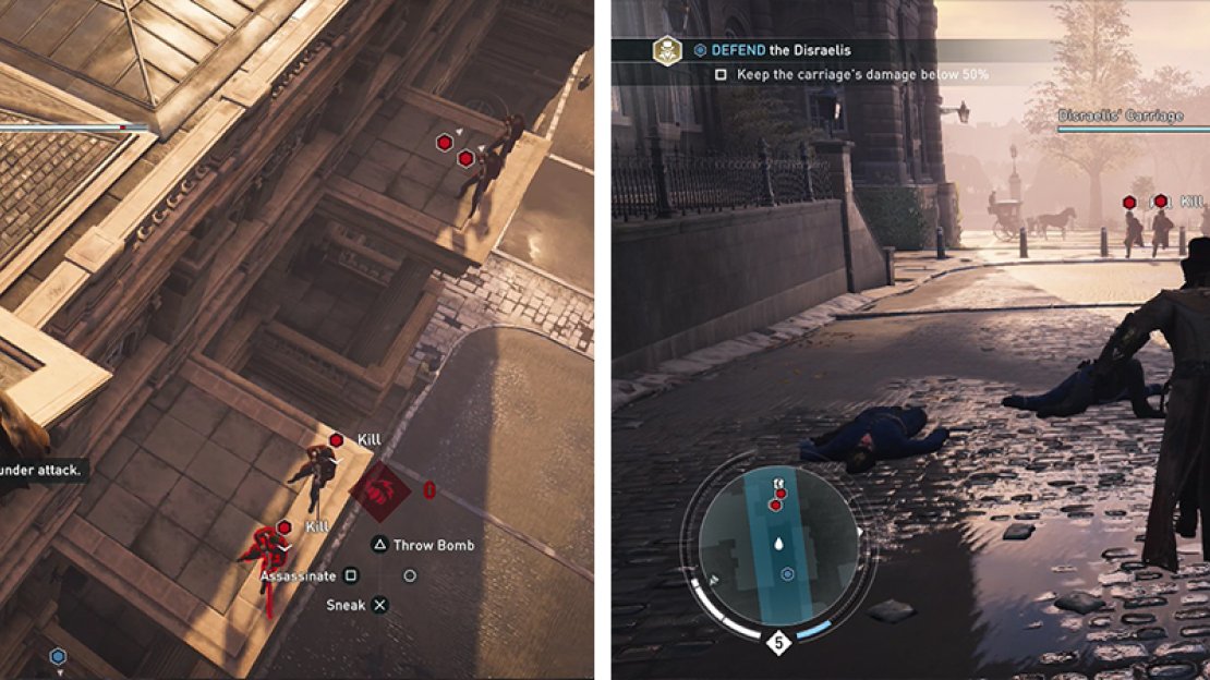 The first group of enemies will appear on balconies across the street (left). The third group of enemies will spawn down the street to the west (right).