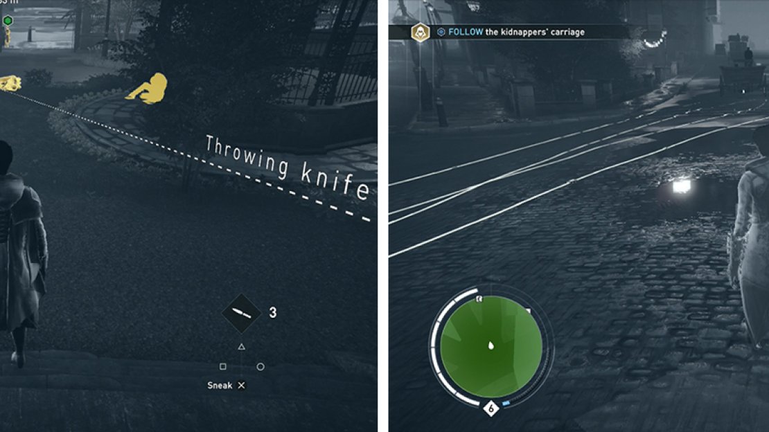 Investigate the crime scene with Eagle Vision (left). Follow the tracks through the streets (right) until you find the next memory area.