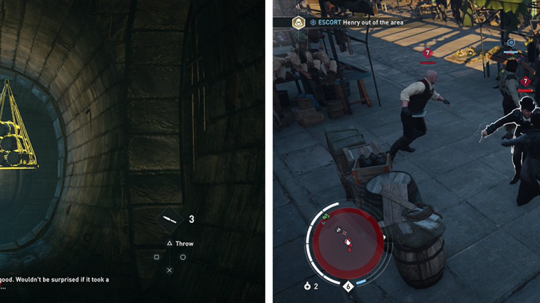 Use the hanging barrels to kill enemies for the optional objective (left). Escort the prisoner through the marketplace (right).