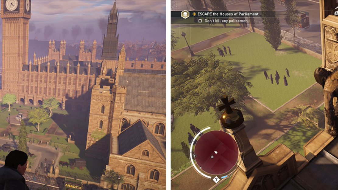 As soon as you start the memory you’ll have all of the opportunities presented to you (left). Use the rooftops to plan your approach (right)