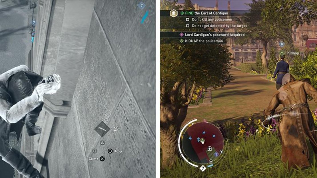 Drop down from the western side of the main entrance (left) and sneak up and kidnap the patrolling policeman (right).