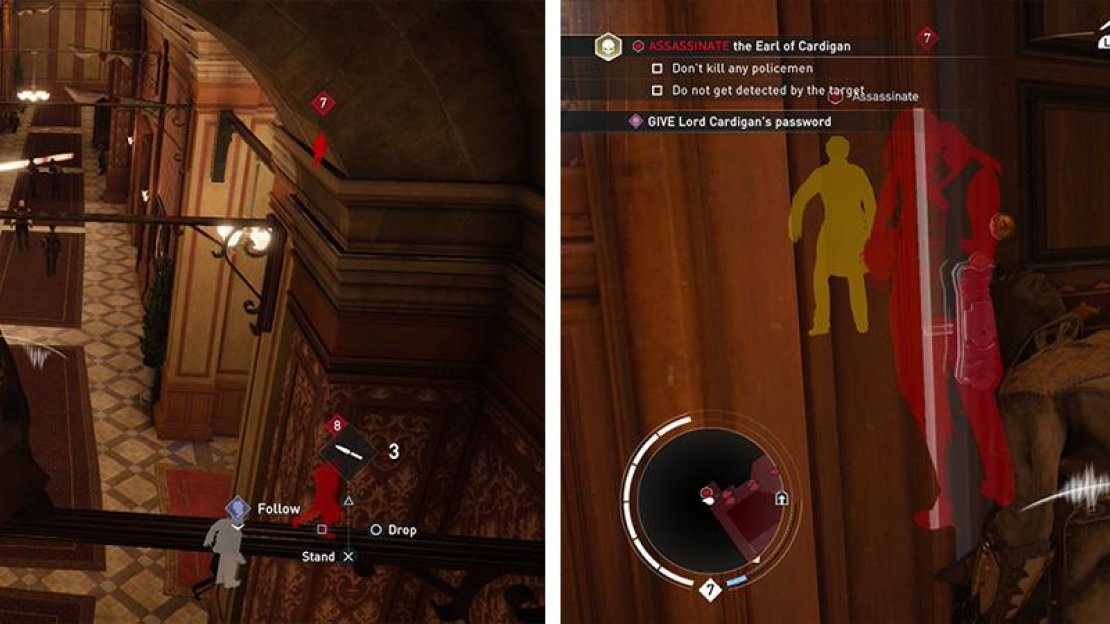 You can use the supports at the top of the hallways to move through the building silently (left). Approach the target door and give the password (right).
