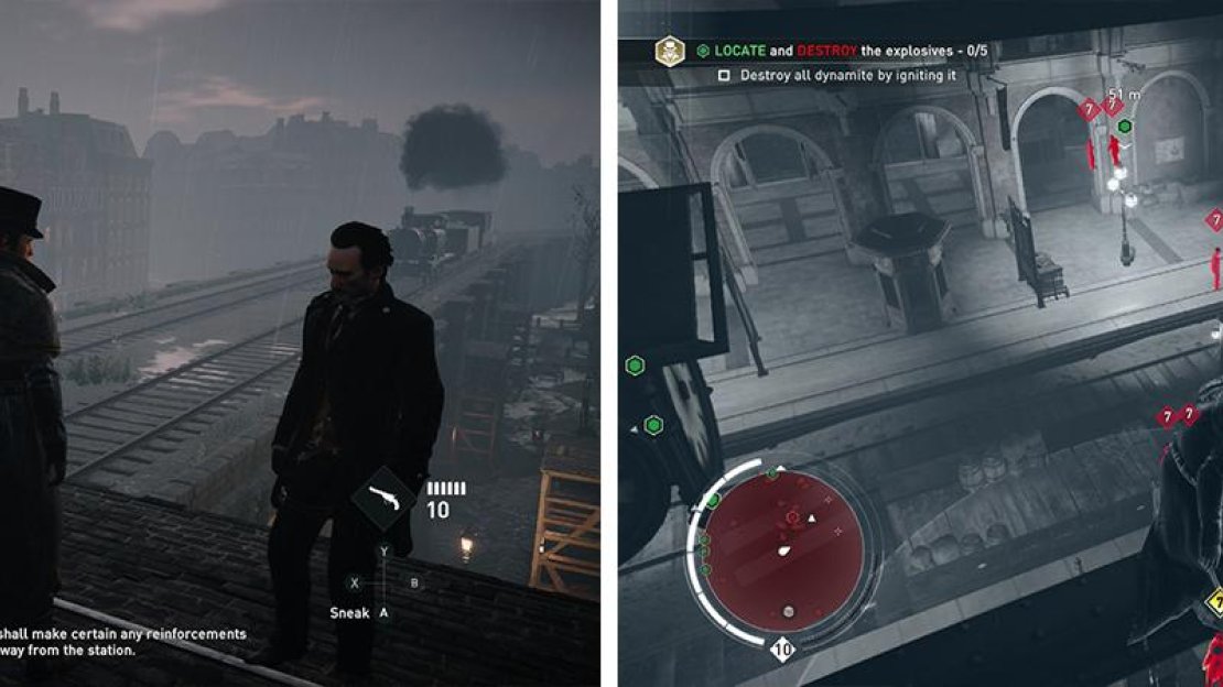 Hop onto the train as it goes past (left) to enter the station. Use Eagle Vision to tag the enemies in the station (right).