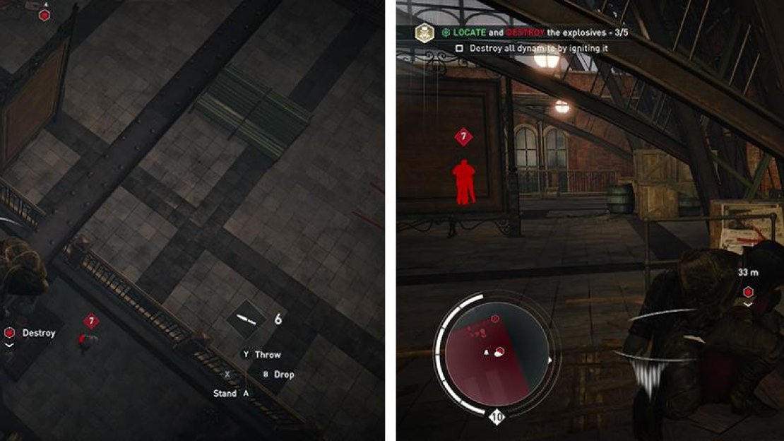 Air assassinate the guard by the third crate (left) before destroying it. Wait for the Sniper to investigate the explosion before approaching the fourth crate (right).