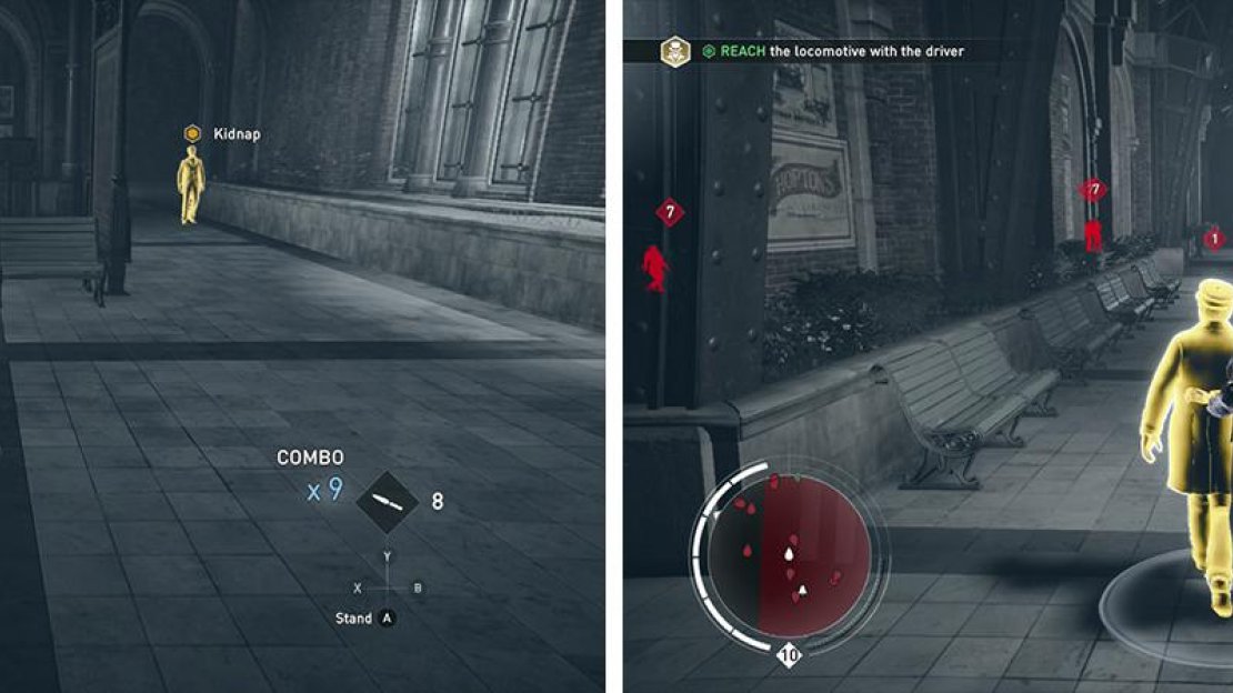 Kidnap the driver (left) and escort him to the front of the train past the Blighters (right).