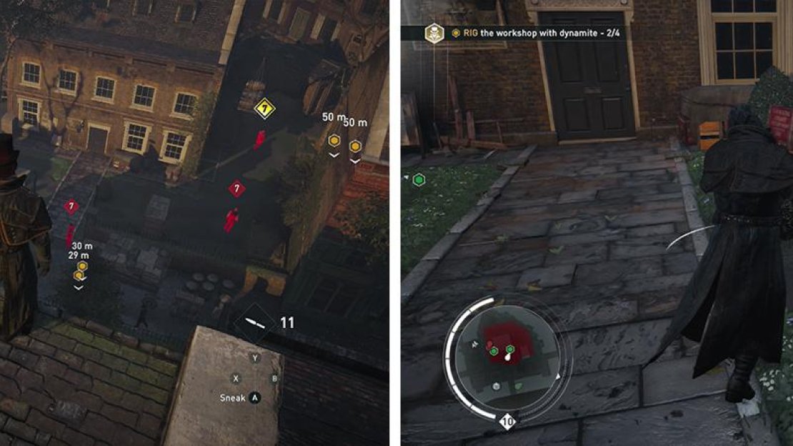 Use Eagle Vision to tag the enemies guarding the building (left). Place the crates on the objective markers provided (right).