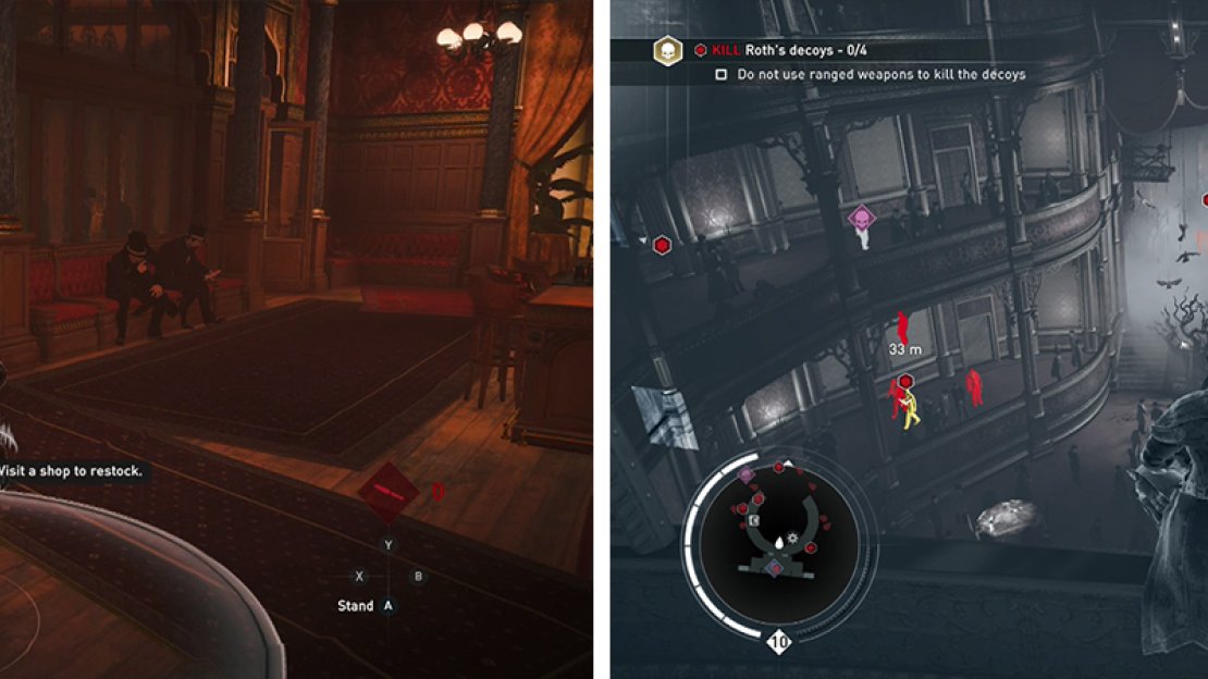 Sneak to the top floor to reach the vantage point (left). Here you can investigate the remaning opportunities (right).