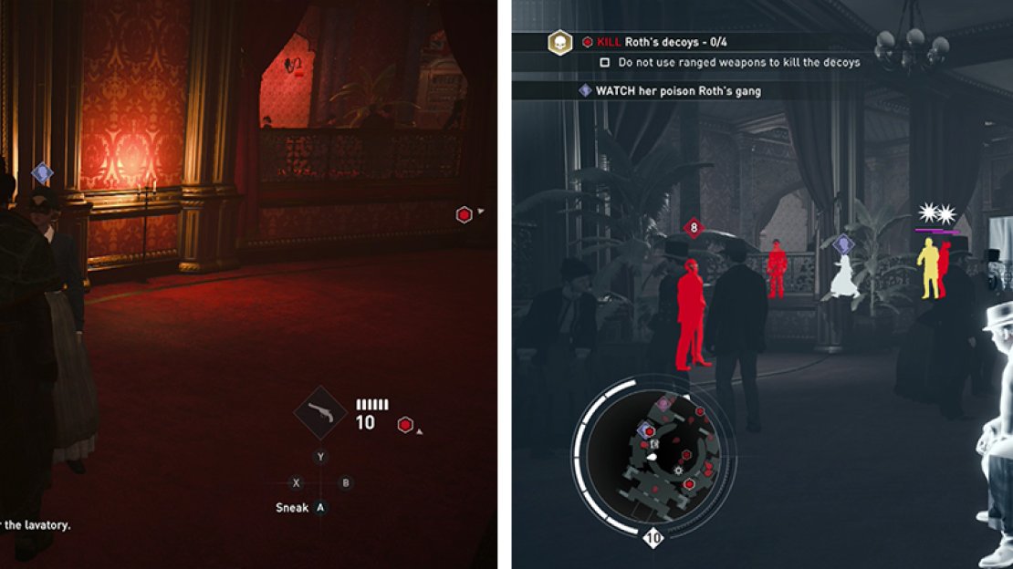 Speak to the waitress (left) and then observe her poisoning the first two decoys (right).