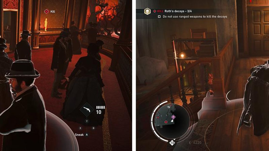 Enter the backstage area via the doorway left of the stage (left). Sneak up and free the machinist (right) to unlock a unique kill.
