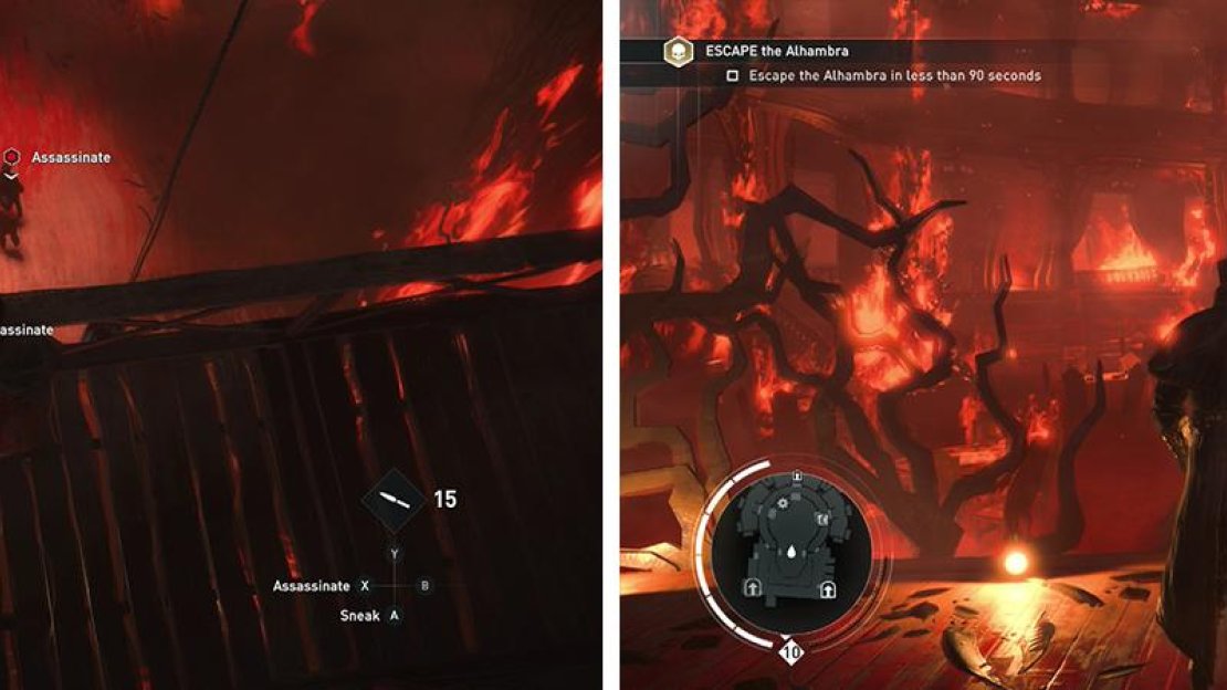 The rafter the Machinist releases will allow us to assassinate the target (left). Once he is dead, we’ll need to escape from the club (right).