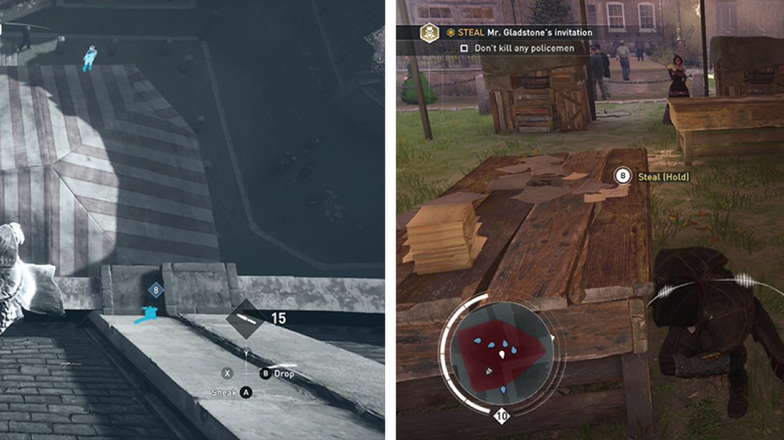 Drop down oto the striped tent (left). Wait for guards to patrol away before dropping down to grab the invitation (right).