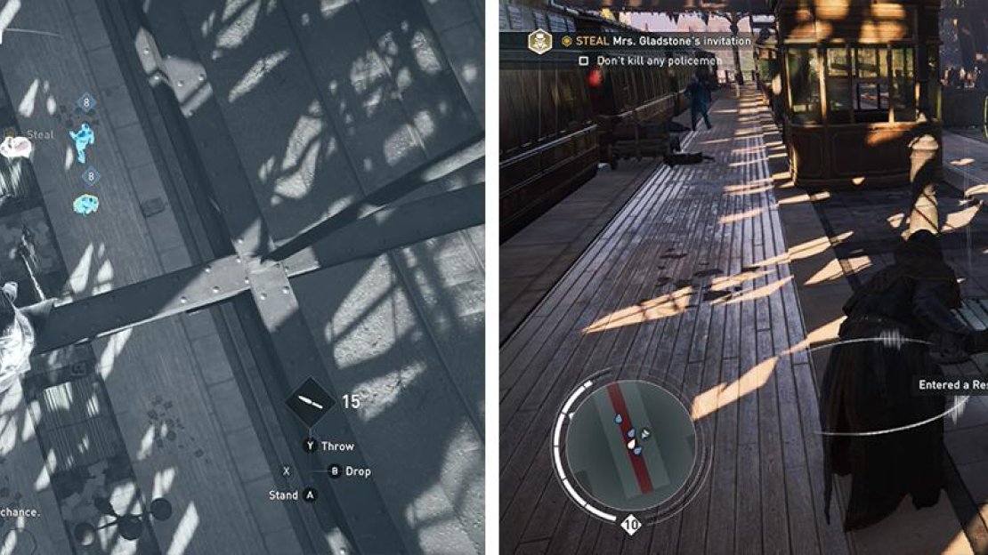 Climb to the beams above the second target (left) and when its safe to do so, dorop down and steal the invitation (right).