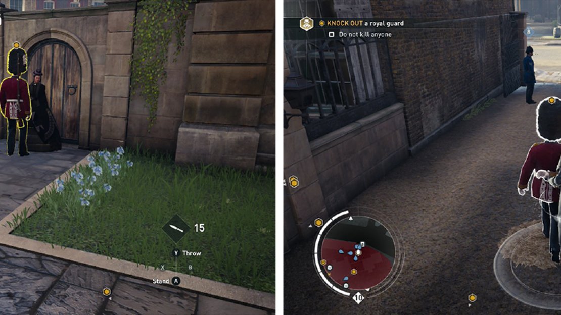 Find the guard in the southwest corner of the area and grab him when isolated (left). Escort him out of the area (right).