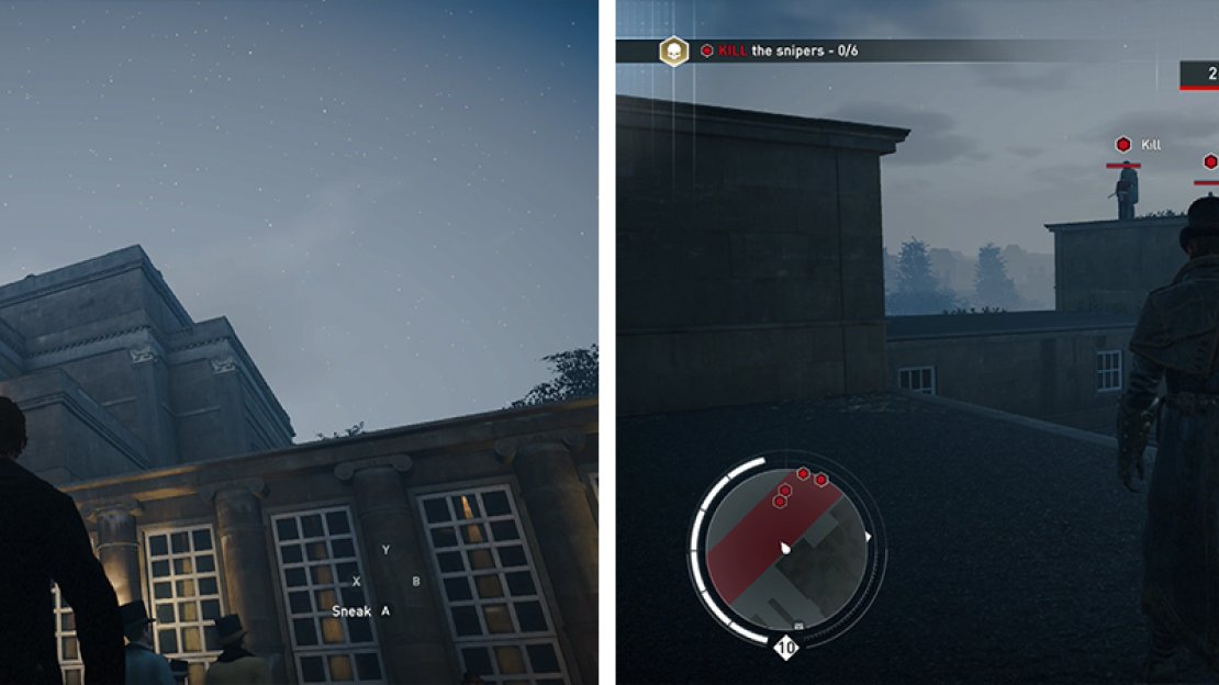 As Jacob climb to the roof (left) to retrieve your gear. Take out the Snipers that appear in less than 3 minutes (right).
