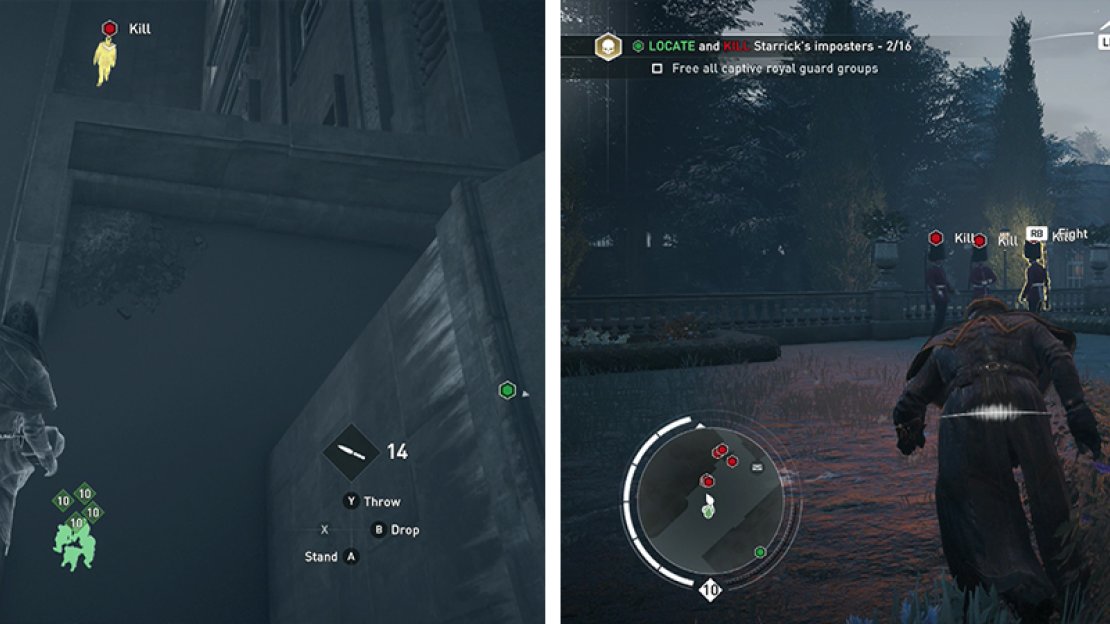 Locate the groups of royal guards (left), rescue and recruit them. Use the royal guards to help take out the remaining Templars in the area (right).
