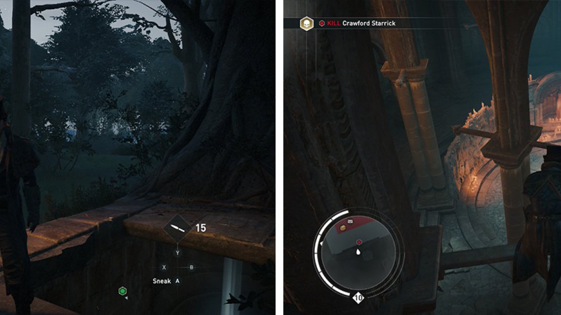 Cross the water to find a tunnel leading ot the vault (left). Inside sneak up to assassinate the target (right).