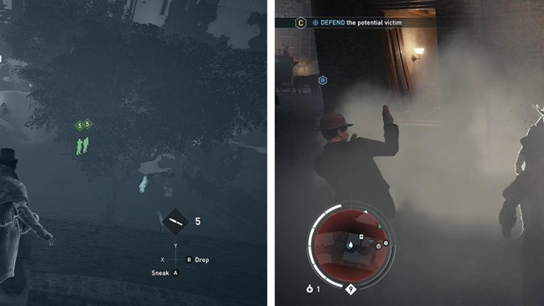 The first victim can be found in a small, walled area (left). The second victim will need to be protected from an attacker (right).