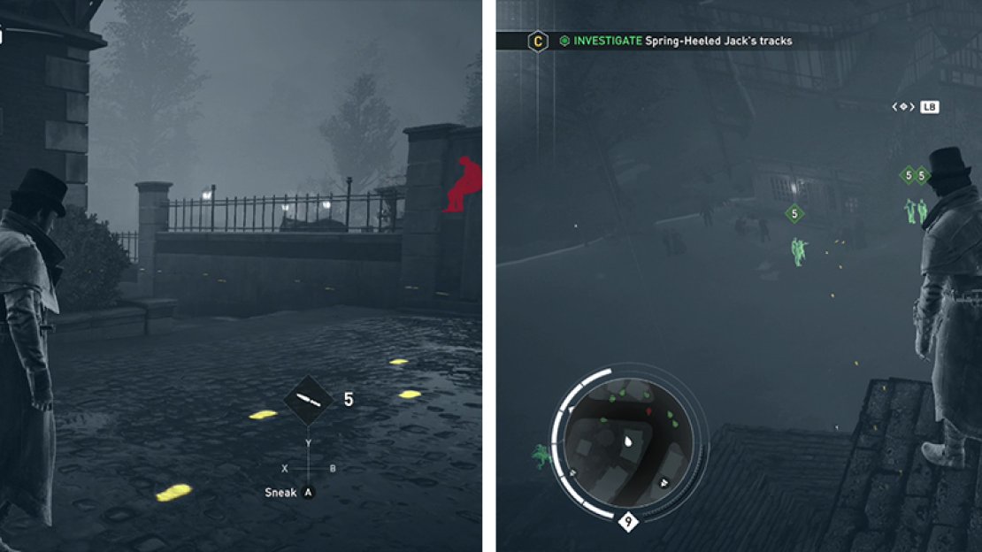 Follow the footprints along the street (left) and across the rooftops (right).