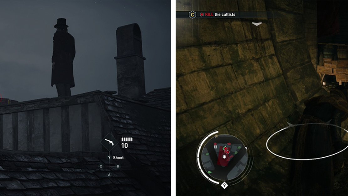 Shoot the dynamite by the Snipers on the roof (left). Clear the secret passage of enemies (right).