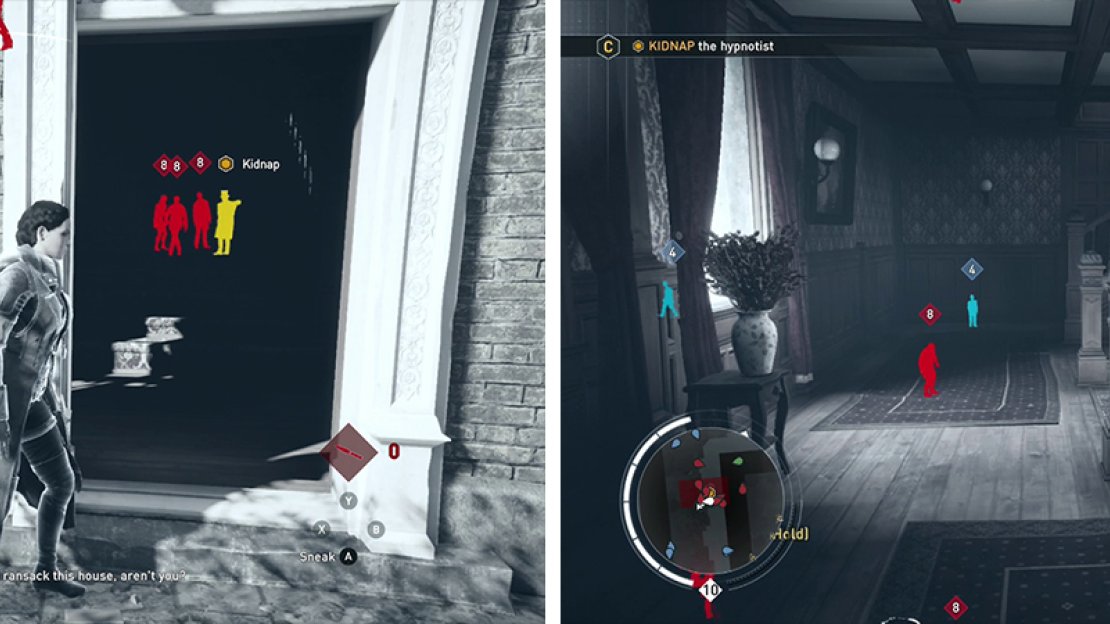 Enter the building behind the target (left). Hide out of the second floor and wait for the target to patrol up to us (right).