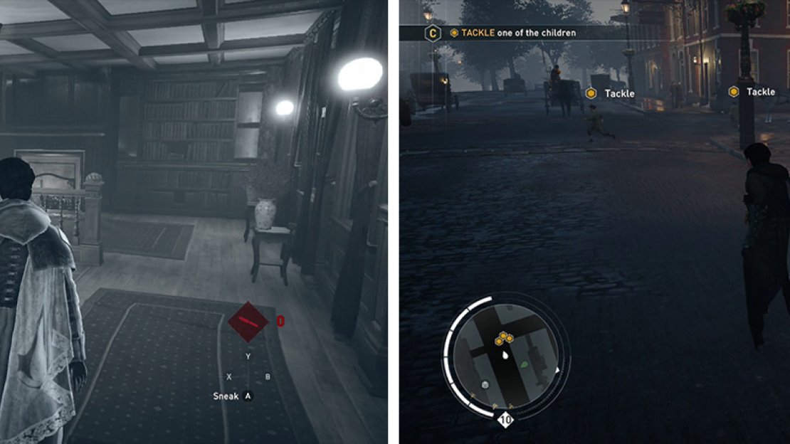 After investigating the paino a second time (left). Chase down and tackle one of the children outside (right).