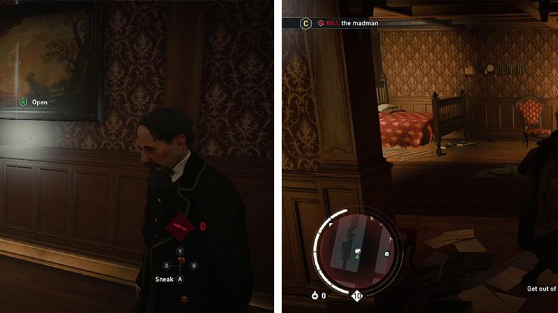 Investigate the keyhole (left) to open a secret passage. You’ll need to fight the fellow inside (right).