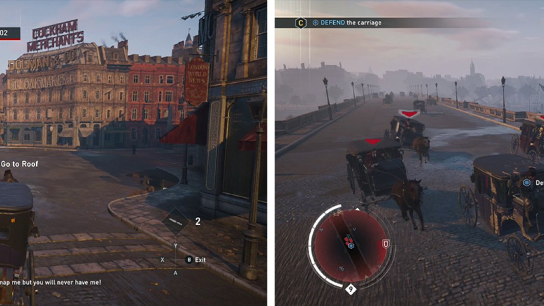 After hijacking the cart (left) you’ll need to deal with a group of hostile carriages (right).
