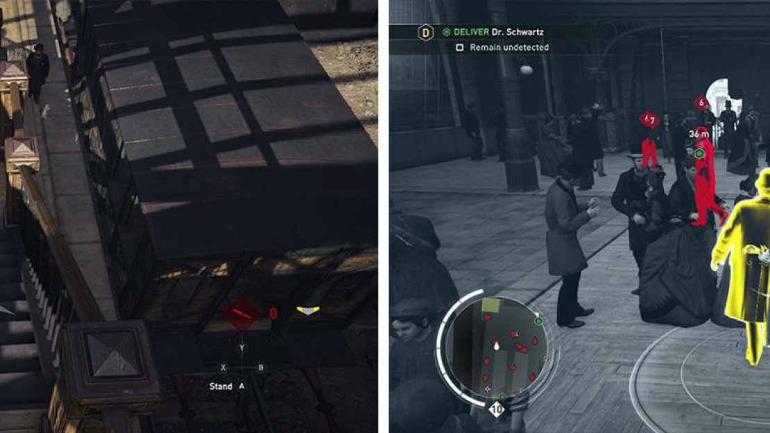 Grab the target when he is isolated (left) and escort him to the exit (right).