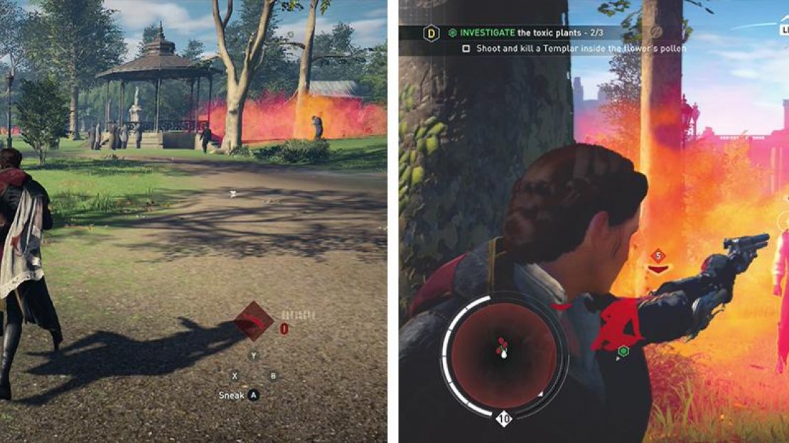 There are three plants in the park (left). The third contains Templars who we can shoot for the optional objective (right).