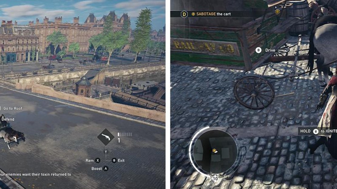 Use the pollen to target pursuing carriages for the optional objective (left). After parking the carriage, shoot some dynamite (right) to blow it up.