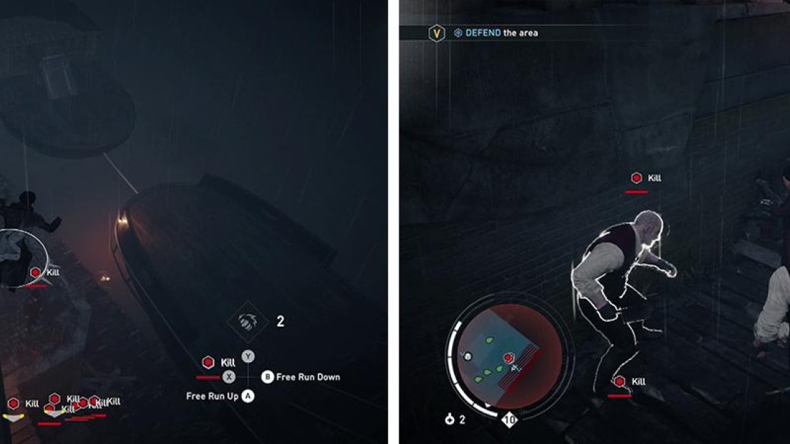 Air assassinate a Templar from a crane for the optional objective (left). Kill the remaining Templars to continue (right).