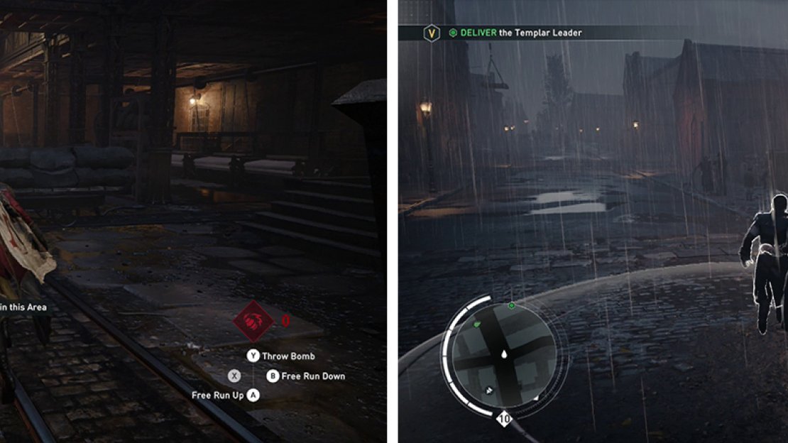 Chase down the target and avoid the explosives (left). Once you have captured him, escort him back to the dock (right).