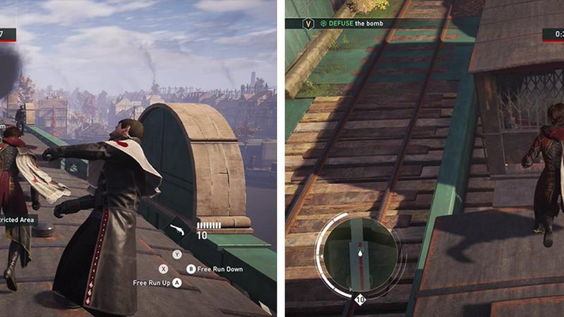 Make your way across the top of the train (left) and interact with the crates by the locomotive at the front (right).