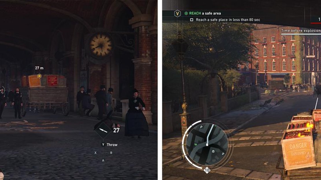 Kill the Blighters in the tunnel and hijack the cart (left). Drive it to the destination before the timer expires (right).