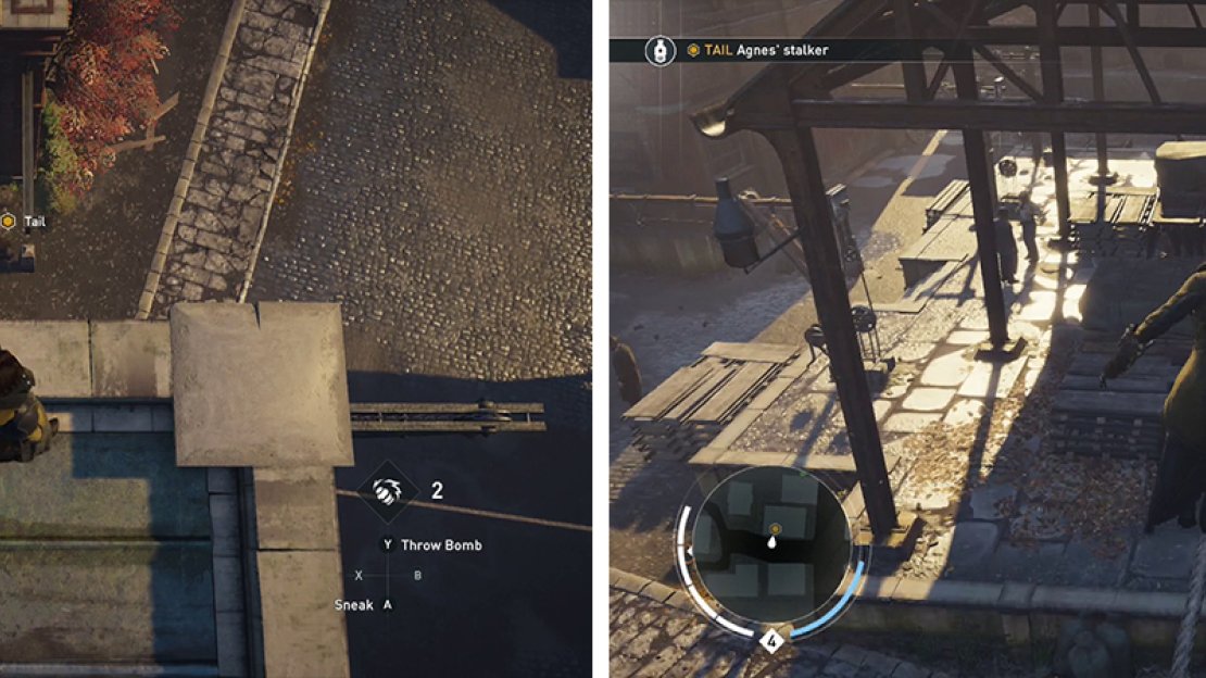 Follow the target (left) until he reaches the storage area (right).