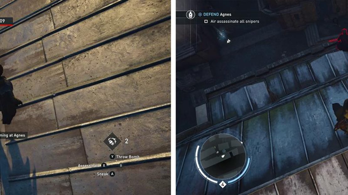 You’ll need to climb up and air assassinate each of the Snipers for the optional objective. Sniper 1 (left) and Sniper 4 (right) pictured.
