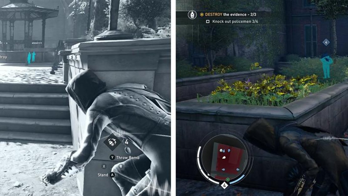 The first piece of evidence is by the gazebo (left). Grab the second piece of evidence when the policemen are not looking (right).